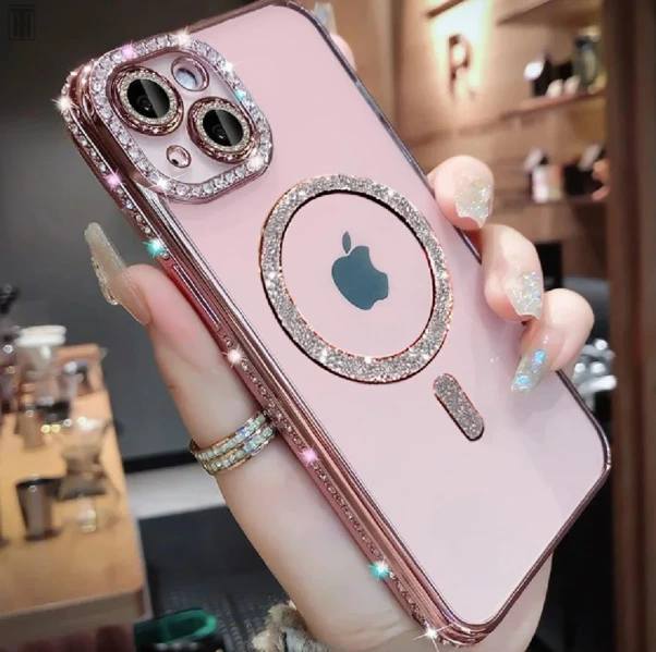 iPhone 15, Cute Soft Clear Rhinestone Diamond Glitter Cover Women & Girls Compatible with MagSaf Camera Lens Protection Cases for iPhone 15 (Pink)