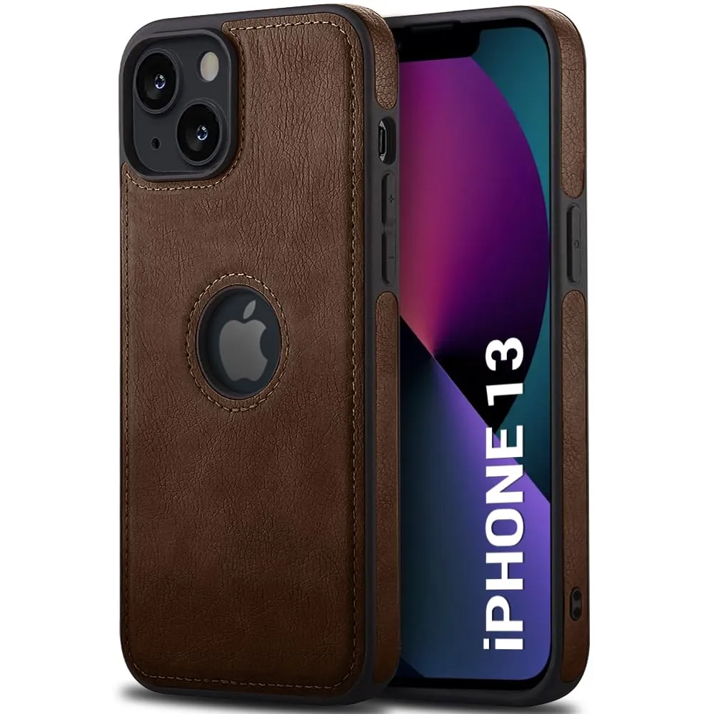 Genuine Leather Finish Back Cover Case for iPhone 13 | Shockproof Design | Raised Edges for Camera & Screen Protection | Stunning Minimalist Design Back Case Cover (Black Sides, Brown)