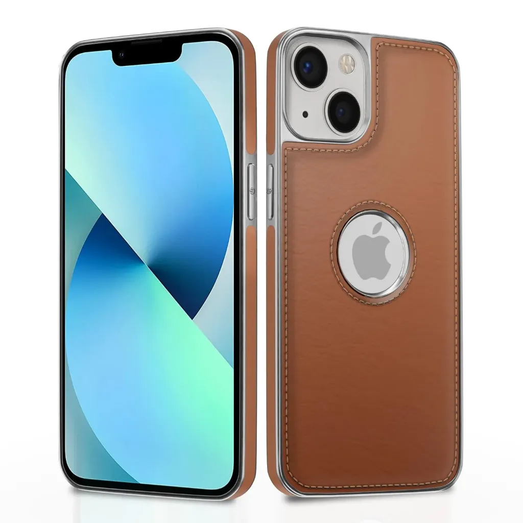 iPhone 13 Chrome Leather Back Cover | Flexible Pu Leather | Full Camera Protection | Silver Electroplated Chrome | Bumper Case for iPhone 13 (Chrome Tan)