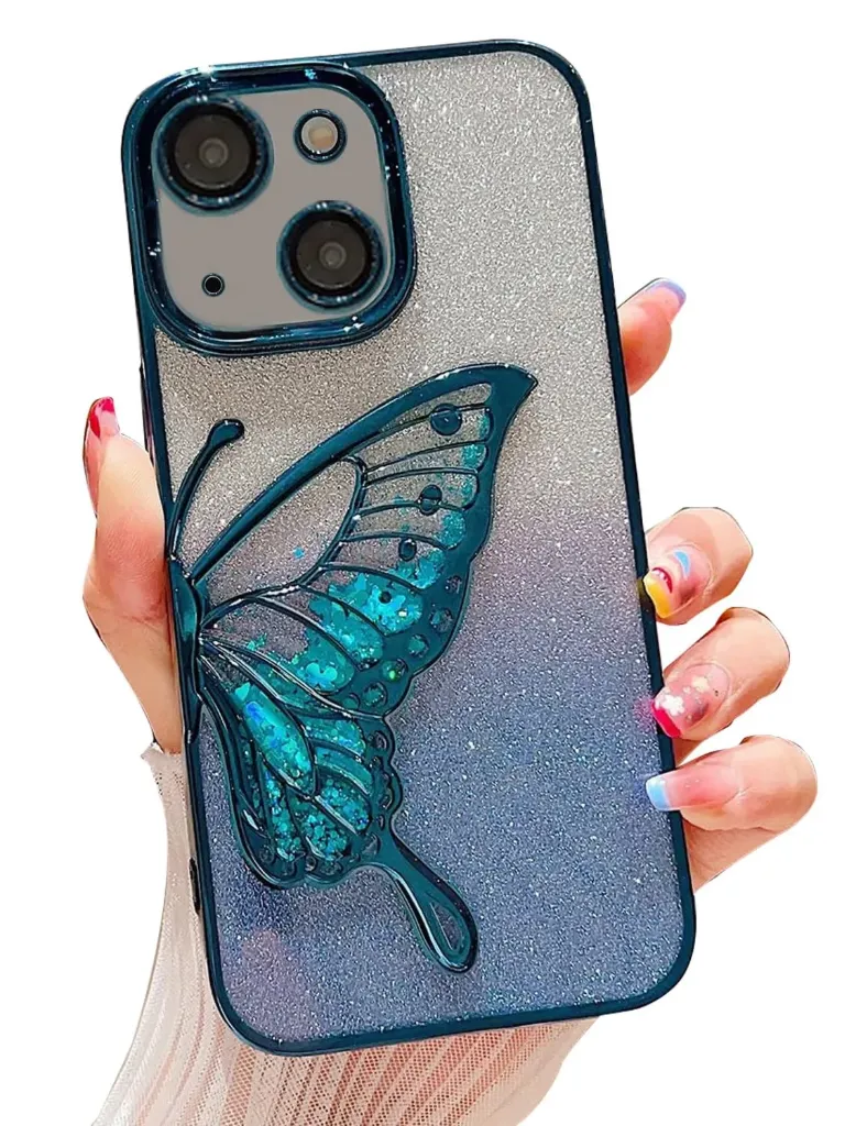 iPhone 13 Cover with Glitter Cute Butterfly Electroplate Plating Design Back Cover Case For Women Teen Girls (Blue)