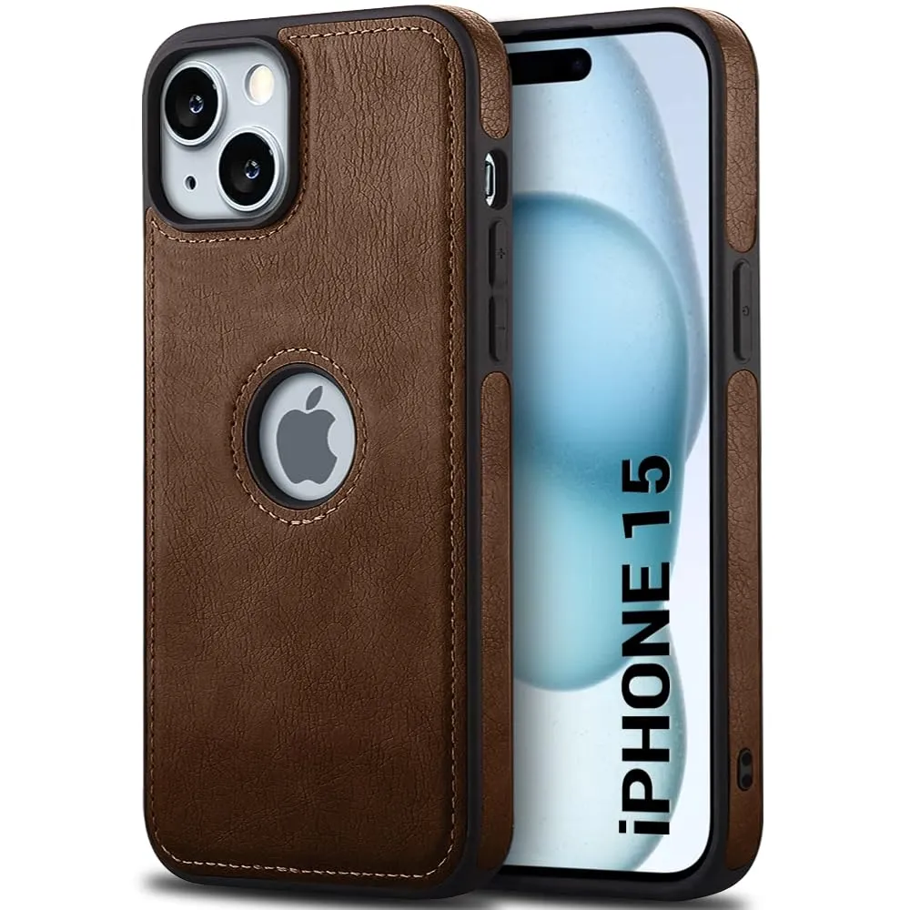 iSnapkart Genuine Leather Finish Back Cover Case for iPhone 15 | Shockproof Design | Raised Edges for Camera & Screen Protection | Stunning Minimalist Design Back Case Cover (Black Sides, Brown)